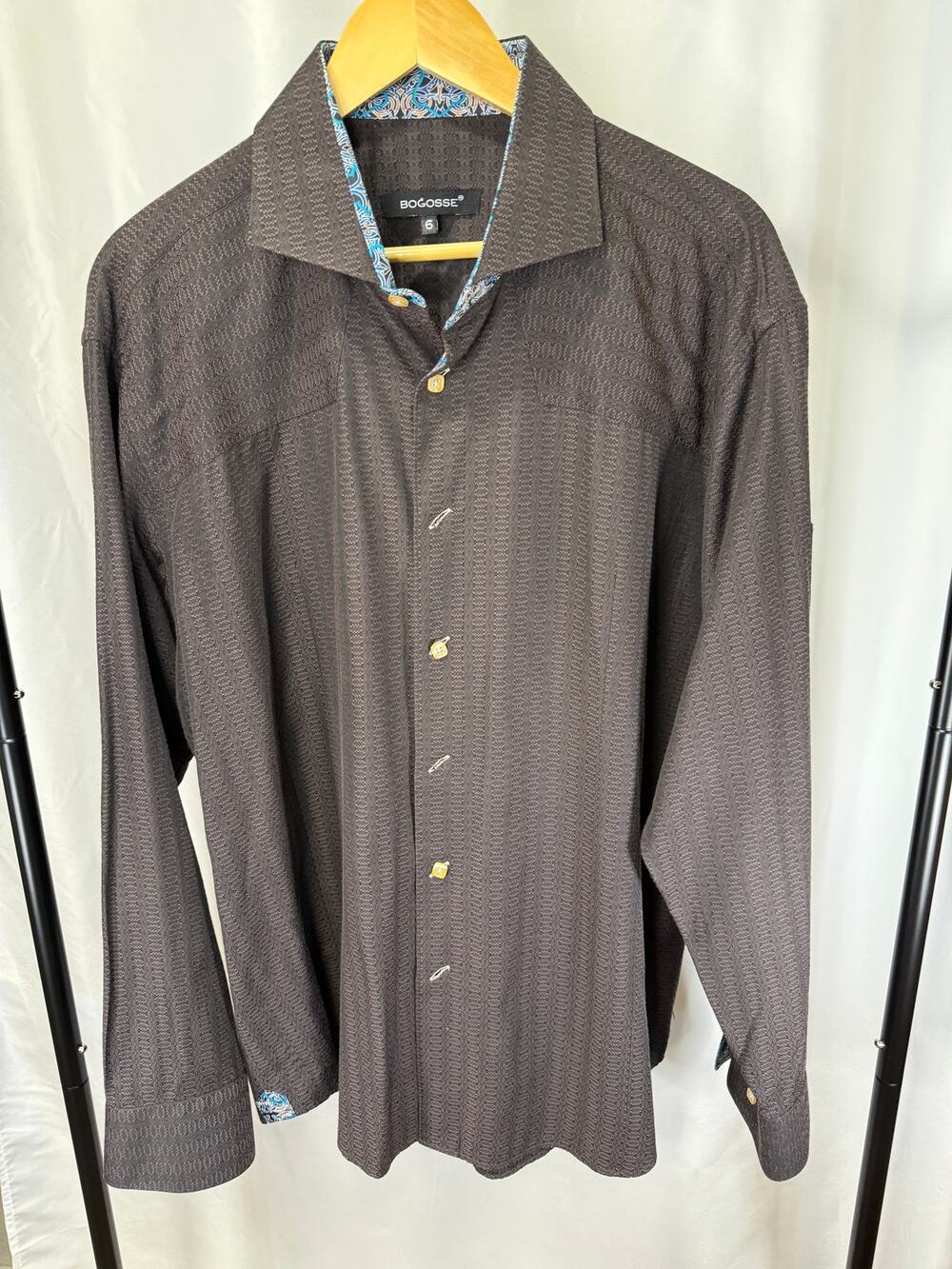 Bogosse Mens Size 6 XXL Long Sleeve Shirt Brown Tonal Geometric Trim Cotton